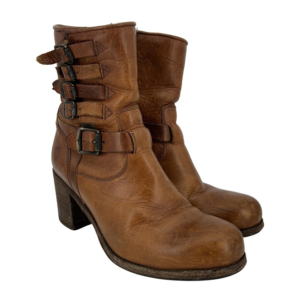 Frye Boots Womens Size 8 Kelly Belted Leather Biker Buckle Ankle Zip Block Heel‎